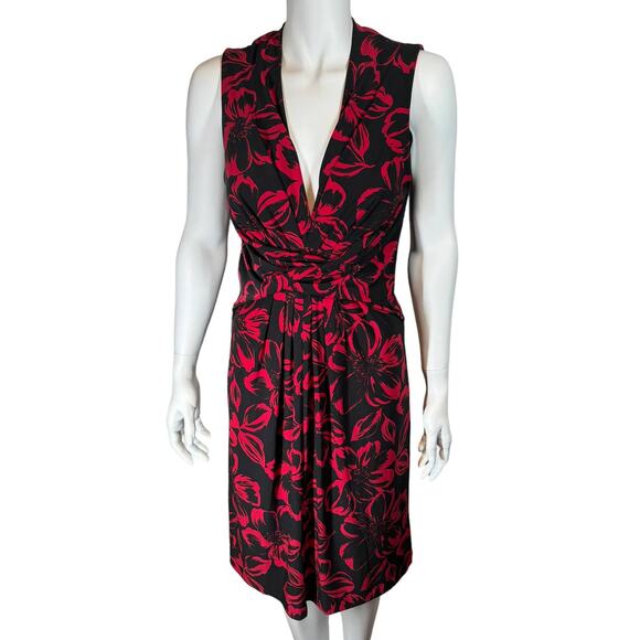 Norma Kamali Red‎ Black Floral V Neck Twist Front Jersey Knit Dress Medium - Picture 1 of 8
